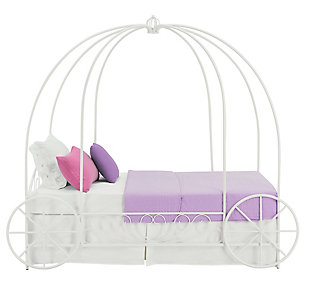 Go on…get carried away decorating her room with this metal twin carriage bed that’s fit for a princess. Showcasing a crisp, white finish, this metal carriage bed is fanciful, whimsical and a crowning achievement in kids’ bedroom furniture. Mattress and foundation/box spring available, sold separately.Includes metal headboard, footboard, rails and crown | Bed skirt and curtains not included | Mattress and foundation/box spring available, sold separately | Assembly required