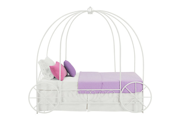 Go on…get carried away decorating her room with this metal twin carriage bed that’s fit for a princess. Showcasing a crisp, white finish, this metal carriage bed is fanciful, whimsical and a crowning achievement in kids’ bedroom furniture. Mattress and foundation/box spring available, sold separately.Includes metal headboard, footboard, rails and crown | Bed skirt and curtains not included | Mattress and foundation/box spring available, sold separately | Assembly required