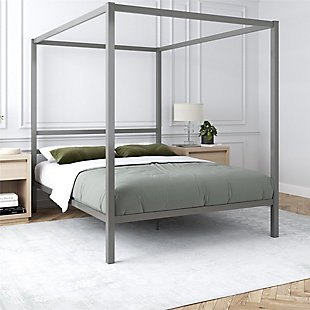 A timely rendition of classic canopy styling, the modern canopy queen metal bed in gray is striking in every way. Ultra-linear design is a mastery in simplicity sure to complement your space. Pair the canopy bed with sheer curtains of your choice for a romantic touch. Inclusion of metal slats eliminates need for a foundation or box spring. Mattress available, sold separately.Includes metal headboard, footboard, posts, canopy, slats and rails | Bed does not require a foundation/box spring | Bed skirt and curtains not included | Mattress available, sold separately | Assembly required