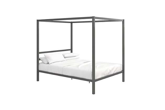 A timely rendition of classic canopy styling, the modern canopy queen metal bed in gray is striking in every way. Ultra-linear design is a mastery in simplicity sure to complement your space. Pair the canopy bed with sheer curtains of your choice for a romantic touch. Inclusion of metal slats eliminates need for a foundation or box spring. Mattress available, sold separately.Includes metal headboard, footboard, posts, canopy, slats and rails | Bed does not require a foundation/box spring | Bed skirt and curtains not included | Mattress available, sold separately | Assembly required