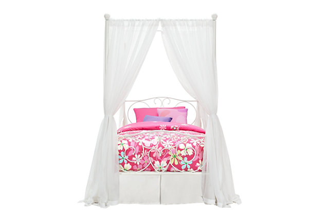 Graced with embellished heart scrolling and a crisp white finish, this twin metal canopy bed is easy to love. Add sheer curtains for a layered effect and create a sweet retreat for your little girl to sleep, play and dream. Inclusion of metal slats eliminates need for foundation/box spring. Mattress available, sold separately.Includes metal headboard, footboard, posts, canopy, slats and rails | Included slats eliminate need for foundation/box spring | Bed skirt and curtains not included | Mattress available, sold separately | Assembly required
