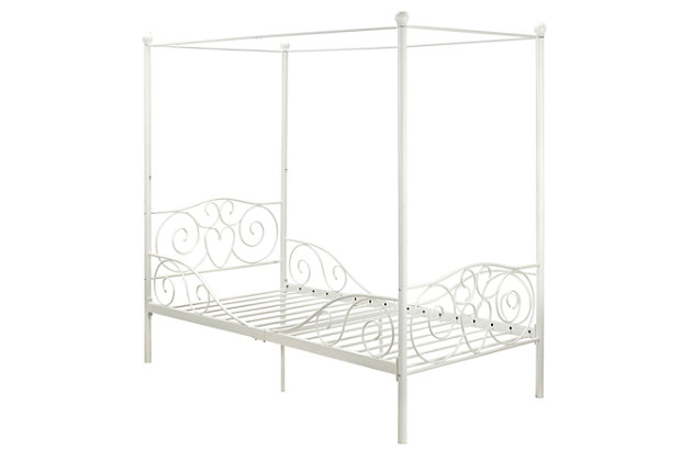 Graced with embellished heart scrolling and a crisp white finish, this twin metal canopy bed is easy to love. Add sheer curtains for a layered effect and create a sweet retreat for your little girl to sleep, play and dream. Inclusion of metal slats eliminates need for foundation/box spring. Mattress available, sold separately.Includes metal headboard, footboard, posts, canopy, slats and rails | Included slats eliminate need for foundation/box spring | Bed skirt and curtains not included | Mattress available, sold separately | Assembly required