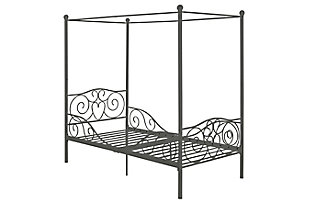 Graced with embellished heart scrolling and a luminous silvertone finish, this metal twin canopy bed is easy to love. Add sheer curtains for a layered effect and create a sweet retreat for your little girl to sleep, play and dream. Inclusion of metal slats elimates need for foundation/box spring. Mattress available, sold separately.Includes metal headboard, footboard, posts, canopy, slats and rails | Included slats eliminate need for foundation/box spring | Bed skirt and curtains not included | Mattress available, sold separately | Assembly required