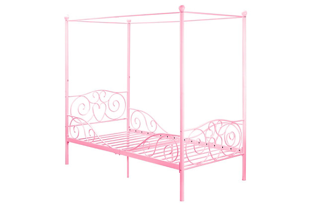 Graced with embellished heart scrolling and a posh pink finish, this metal twin canopy bed is easy to love. Add sheer curtains for a layered effect and create a sweet retreat for your little girl to sleep, play and dream. Inclusion of metal slats eliminates need for foundation/box spring. Mattress available, sold separately.Includes metal headboard, footboard, posts, canopy, slats and rails | Included slats eliminate need for foundation/box spring | Bed skirt and curtains not included | Mattress available, sold separately | Assembly required