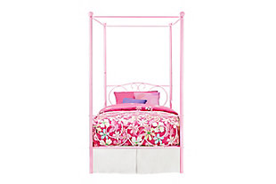 Graced with embellished heart scrolling and a posh pink finish, this metal twin canopy bed is easy to love. Add sheer curtains for a layered effect and create a sweet retreat for your little girl to sleep, play and dream. Inclusion of metal slats eliminates need for foundation/box spring. Mattress available, sold separately.Includes metal headboard, footboard, posts, canopy, slats and rails | Included slats eliminate need for foundation/box spring | Bed skirt and curtains not included | Mattress available, sold separately | Assembly required