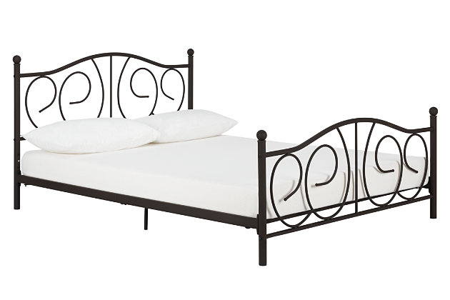 Flowing but not too fanciful, the Victoria queen metal bed is as comfortable in contemporary settings as it is accompanying more traditional decor. This scrolled metal bed’s rich bronze-tone finish is sure to complement with a touch of rustic refinement. Inclusion of metal slats means no need for a foundation or box spring. Mattress available, sold separately.Includes metal headboard, footboard, rails and slats | Bed does not require a foundation/box spring | Mattress available, sold separately | Assembly required