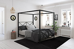 Looking for an x-ceptionally contemporary look in bedroom furniture? The Rosedale queen canopy bed marks the spot. This canopy bed’s black metal and linear styling with double X design is sleek, chic and dramatic. Sturdy craftsmanship will have you resting easy. Mattress and foundation/box spring available, sold separately.Includes metal headboard, footboard, posts, canopy and rails | Bed skirt and curtains not included | Assembly required | Foundation/box spring required, sold separately | Mattress available, sold separately