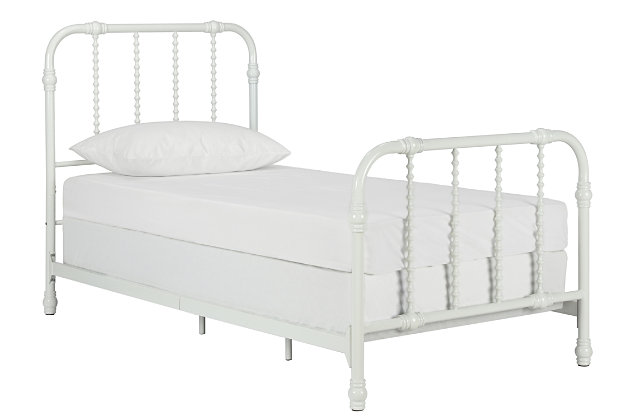 Inspired by antique farmhouse beds from the 1920s, the Jenny Lind twin metal bed reawakens our yearning for a simpler time and place. Be it for a kid’s room or guest room, this yesteryear-inspired metal bed in white offers bygone appeal that’s never been more on trend. Mattress and foundation/box spring required, sold separately.Includes metal headboard, footboard and rails | Foundation/box spring required; sold separately | Assembly required