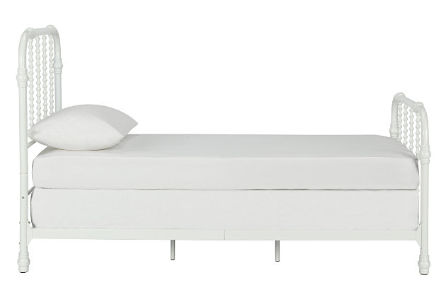 Inspired by antique farmhouse beds from the 1920s, the Jenny Lind twin metal bed reawakens our yearning for a simpler time and place. Be it for a kid’s room or guest room, this yesteryear-inspired metal bed in white offers bygone appeal that’s never been more on trend. Mattress and foundation/box spring required, sold separately.Includes metal headboard, footboard and rails | Foundation/box spring required; sold separately | Assembly required