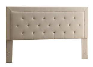 Layering clean lines with diamond button tufting, the Clayton king upholstered headboard is a chic commingling of contemporary and classic styling. If you’re looking for something that goes with everything, you can’t go wrong with this upholstered headboard’s natural-tone linen weave.Headboard only | Engineered wood frame | Foam padded headboard with linen upholstery | Button tufting | Hardware not included | ¼" bolts are needed to attach headboard to existing metal bed frame (sold separately) | Mattress and box spring not included, sold separately | Assembly required