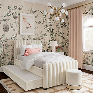TOV Furniture Angela Velvet Twin Trundle Bed, Cream, rollover