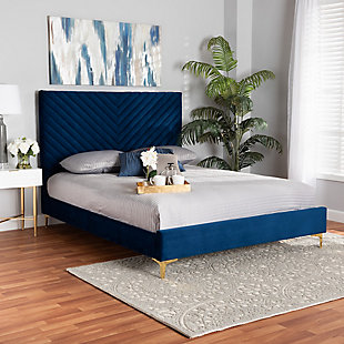 Baxton Studio Fabrico King Platform Bed, Navy Blue/Gold, rollover