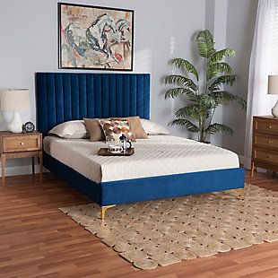 Baxton Studio Serrano Queen Platform Bed, Navy Blue/Gold, rollover