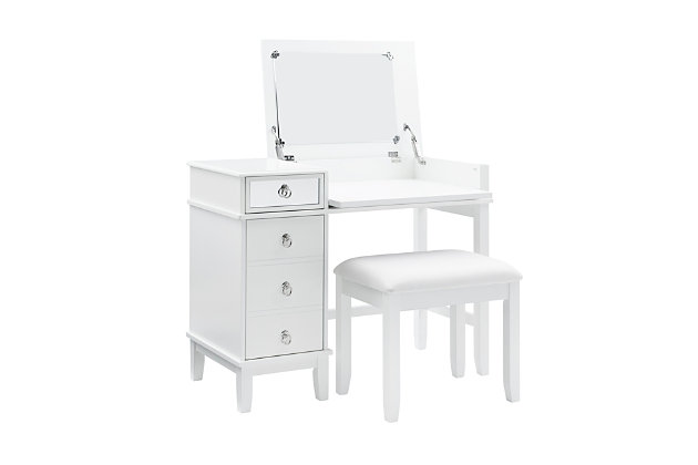 Whether in a teen’s room, master bedroom or dressing area, the space-conscious Eva vanity set in white is packed with possibilities. The flip-top design makes it doubly handy as a vanity or writing table. Flip up for access to hidden storage and a mirror. Flip down for a flat surface. And with a smooth-gliding drawer and cabinet with shelving, there’s no shortage of space for makeup and beauty essentials. Sumptuously upholstered seat makes the experience complete.Made of rubberwood, hardwood and engineered wood | White finish with mirrored accents | Flip top with safety hinge reveals mirror and open storage | Smooth-gliding drawer | Cabinet door revealing storage area with adjustable shelf | Silvertone metal pulls | Foam padded seat with beige microfiber upholstery | Assembly required