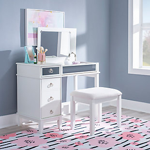 Whether in a teen’s room, master bedroom or dressing area, the space-conscious Eva vanity set in white is packed with possibilities. The flip-top design makes it doubly handy as a vanity or writing table. Flip up for access to hidden storage and a mirror. Flip down for a flat surface. And with a smooth-gliding drawer and cabinet with shelving, there’s no shortage of space for makeup and beauty essentials. Sumptuously upholstered seat makes the experience complete.Made of rubberwood, hardwood and engineered wood | White finish with mirrored accents | Flip top with safety hinge reveals mirror and open storage | Smooth-gliding drawer | Cabinet door revealing storage area with adjustable shelf | Silvertone metal pulls | Foam padded seat with beige microfiber upholstery | Assembly required