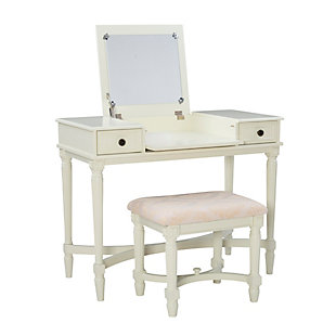 Dressed to impress with fluted legs, curved X stretchers and framed drawer fronts, the Cyndi vanity set is such a delightful choice for a teen’s room, master bedroom or dressing area. Its crisp white finish gives the classic styling a fresh sensibility that feels here and now. Flip-top design with hidden mirror and storage space simply makes sense. Along with two drawers for makeup and essentials, there’s even a clever “wire management” cutout to accommodate your blow dryer, curling iron, etc.Made of rubberwood, hardwood and engineered wood | White finish | Flip top with safety hinge reveals mirror and open storage | 2 smooth-gliding drawers | Brass-tone metal pulls | Cutout for wire management | Foam padded seat with beige microfiber upholstery | Assembly required