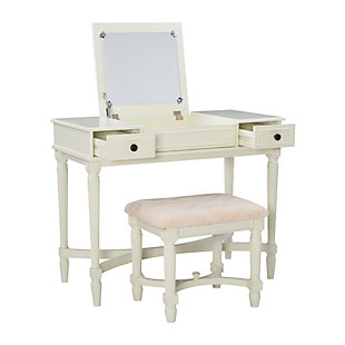 Dressed to impress with fluted legs, curved X stretchers and framed drawer fronts, the Cyndi vanity set is such a delightful choice for a teen’s room, master bedroom or dressing area. Its crisp white finish gives the classic styling a fresh sensibility that feels here and now. Flip-top design with hidden mirror and storage space simply makes sense. Along with two drawers for makeup and essentials, there’s even a clever “wire management” cutout to accommodate your blow dryer, curling iron, etc.Made of rubberwood, hardwood and engineered wood | White finish | Flip top with safety hinge reveals mirror and open storage | 2 smooth-gliding drawers | Brass-tone metal pulls | Cutout for wire management | Foam padded seat with beige microfiber upholstery | Assembly required