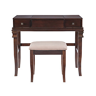 Richly traditional, but far from ornate, the Angela vanity set with walnut-tone finish is simply delightful. Square, sculptural hardware, decorative appliques and gently flared legs give the straightforward profile elegance and distinction. Flip-top design with safety hinge reveals a mirror and hidden storage. Double drawers keep makeup and more close at hand. What a beautiful addition to a teen’s room, master bedroom or dressing area.Made of rubberwood, maple veneer and engineered wood | Walnut-tone finish | Flip top with safety hinge revealing hidden mirror and open storage | 2 smooth-gliding drawers | Square bronze-tone metal pulls | Cutout for cord management | Ca fire foam padded seat with light beige microfiber upholstery | Assembly required