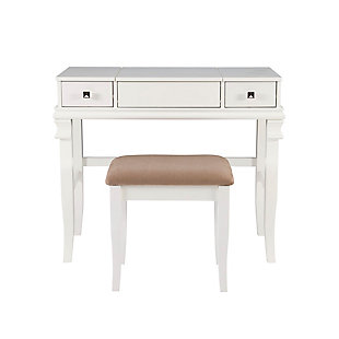 Richly traditional, but far from ornate, the Angela vanity set in white is simply delightful. Square, sculptural hardware, decorative appliques and gently flared legs give the straightforward profile elegance and distinction. Flip-top design with safety hinge reveals a mirror and hidden storage. Double drawers keep makeup and more close at hand. What a beautiful addition to a teen’s room, master bedroom or dressing area.Made of rubberwood, maple veneer and engineered wood | White finish | Flip top with safety hinge revealing hidden mirror and open storage | 2 smooth-gliding drawers | Square bronze-tone metal pulls | Cutout for cord management | Ca fire foam padded seat with light beige microfiber upholstery | Assembly required