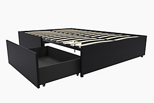 Simple really is better when it comes to this upholstered queen platform bed with storage. Whether you need a stylish base for your mattress, a bed for the guestroom or an upgrade for your growing child, this platform storage bed is stow practical. On each side of the bed: a rollout drawer providing storage for everything from extra bedding and pillows, to seasonal clothes, books, toys and more. Rest assured, a bentwood slat system provides superior ventilation that allows air to pass freely under your bed to keep your mattress fresher longer. These slats also adapt to weight to offer better back support and uniform pressure distribution. Plus, there’s no box spring or foundation needed, so you can splurge on the mattress of your dreams. Simply chic styling complements any bedroom decor, from contemporary to timeless classic. Mattress available, sold separately.Modern, low-profile design | Bentwood system of 24 slats for exceptional ventilation, back support and pressure distribution | Black faux leather upholstery | 2 rollout drawers (1 on each side of bed) | Metal side rails for guaranteed stability and durability with center metal rail and leg for added support | Bed does not require a foundation/box spring | Ships in one box | Assembly required | Mattress available, sold separately | Small space solution
