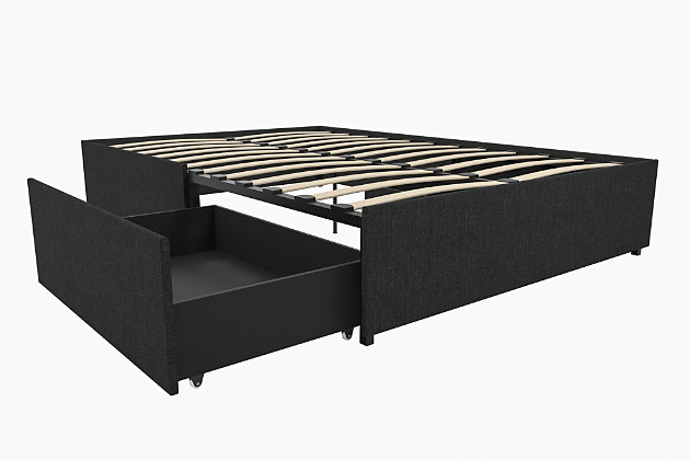 Simple really is better when it comes to this upholstered queen platform bed with storage. Whether you need a stylish base for your mattress, a bed for the guestroom or an upgrade for your growing child, this platform storage bed is stow practical. On each side of the bed: a rollout drawer providing storage for everything from extra bedding and pillows, to seasonal clothes, books, toys and more. Rest assured, a bentwood slat system provides superior ventilation that allows air to pass freely under your bed to keep your mattress fresher longer. These slats also adapt to weight to offer better back support and uniform pressure distribution. Plus, there’s no box spring needed, so you can splurge on the mattress of your dreams. Simply chic styling complements any bedroom decor, from contemporary to timeless classic. Mattress available, sold separately.Modern, low-profile design | Bentwood system of 24 slats for exceptional ventilation, back support and pressure distribution | Gray linen-weave upholstery | 2 rollout drawers (1 on each side of bed) | Metal side rails for guaranteed stability and durability with center metal rail and leg for added support | Bed does not require a foundation/box spring | Ships in one box | Assembly required | Mattress available, sold separately | Small space solution
