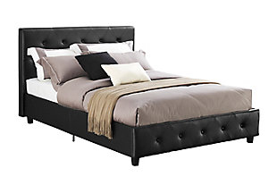 On trend and on budget. The Bethanny queen upholstered bed offers the luxurious look you long for at a price to put you at ease. Radiating a chic, contemporary aesthetic, this bed is wrapped in black faux leather from head to toe, with diamond button-tufted detailing on the padded headboard and footboard for upscale flair. Built with sturdy wooden slats for extra support, this queen platform bed does not require a box spring, giving you a modern, low profile with high-end appeal. Mattress available, sold separately.Modern, low-profile design | Wood frame construction | Bentwood system of 24 slats for exceptional ventilation, back support and pressure distribution | Black faux leather upholstery | Button-tufted padded headboard and footboard | Metal side rails for guaranteed stability and durability with center metal rail and leg for added support | Bed does not require a foundation/box spring | Ships in one box | Assembly required | Mattress available, sold separately