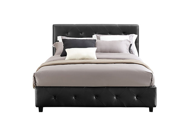 On trend and on budget. The Bethanny queen upholstered bed offers the luxurious look you long for at a price to put you at ease. Radiating a chic, contemporary aesthetic, this bed is wrapped in black faux leather from head to toe, with diamond button-tufted detailing on the padded headboard and footboard for upscale flair. Built with sturdy wooden slats for extra support, this queen platform bed does not require a box spring, giving you a modern, low profile with high-end appeal. Mattress available, sold separately.Modern, low-profile design | Wood frame construction | Bentwood system of 24 slats for exceptional ventilation, back support and pressure distribution | Black faux leather upholstery | Button-tufted padded headboard and footboard | Metal side rails for guaranteed stability and durability with center metal rail and leg for added support | Bed does not require a foundation/box spring | Ships in one box | Assembly required | Mattress available, sold separately