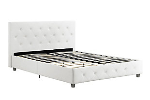 On trend and on budget. The Bethanny queen upholstered bed offers the luxurious look you long for at a price to put you at ease. Radiating a chic, contemporary aesthetic, this bed is wrapped in white faux leather from head to toe, with diamond button-tufted detailing on the padded headboard and footboard for upscale flair. Built with sturdy wooden slats for extra support, this queen platform bed does not require a box spring, giving you a modern, low profile with high-end appeal. Mattress available, sold separately.Modern, low-profile design | Wood frame construction | Bentwood system of 24 slats for exceptional ventilation, back support and pressure distribution | White faux leather upholstery | Button-tufted padded headboard and footboard | Metal side rails for guaranteed stability and durability with center metal rail and leg for added support | Bed does not require a foundation/box spring | Ships in one box | Assembly required | Mattress available, sold separately