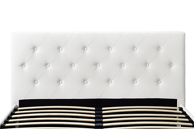 On trend and on budget. The Bethanny queen upholstered bed offers the luxurious look you long for at a price to put you at ease. Radiating a chic, contemporary aesthetic, this bed is wrapped in white faux leather from head to toe, with diamond button-tufted detailing on the padded headboard and footboard for upscale flair. Built with sturdy wooden slats for extra support, this queen platform bed does not require a box spring, giving you a modern, low profile with high-end appeal. Mattress available, sold separately.Modern, low-profile design | Wood frame construction | Bentwood system of 24 slats for exceptional ventilation, back support and pressure distribution | White faux leather upholstery | Button-tufted padded headboard and footboard | Metal side rails for guaranteed stability and durability with center metal rail and leg for added support | Bed does not require a foundation/box spring | Ships in one box | Assembly required | Mattress available, sold separately