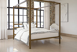 The Modern queen canopy bed is simply striking. Linear silhouette adds a contemporary touch with an all-goldtone metal finish for a truly timeless look. When it comes to comfort, this canopy bed has it all—a sturdy metal bed frame, center metal rail and legs for extra support, as well as side rails for guaranteed stability and durability. The metal slat base is designed to allow air to pass freely beneath your bed, which will keep you cool and ensure your mattress stays fresher for longer. No bed base or box spring required. Simply add your favorite bed mattress, some feel-good bedding and even canopy bed curtains to create a distinct look that’s all your own. Mattress available, sold separately.Made of metal in goldtone finish | Metal side rails for guaranteed stability and durability; center metal rail and two center legs for added support | Metal slat base allows air to pass freely beneath your bed, keeping your mattress fresher longer | Bed does not require a foundation/box spring | Assembly required | Mattress available, sold separately