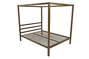 The Modern queen canopy bed is simply striking. Linear silhouette adds a contemporary touch with an all-goldtone metal finish for a truly timeless look. When it comes to comfort, this canopy bed has it all—a sturdy metal bed frame, center metal rail and legs for extra support, as well as side rails for guaranteed stability and durability. The metal slat base is designed to allow air to pass freely beneath your bed, which will keep you cool and ensure your mattress stays fresher for longer. No bed base or box spring required. Simply add your favorite bed mattress, some feel-good bedding and even canopy bed curtains to create a distinct look that’s all your own. Mattress available, sold separately.Made of metal in goldtone finish | Metal side rails for guaranteed stability and durability; center metal rail and two center legs for added support | Metal slat base allows air to pass freely beneath your bed, keeping your mattress fresher longer | Bed does not require a foundation/box spring | Assembly required | Mattress available, sold separately