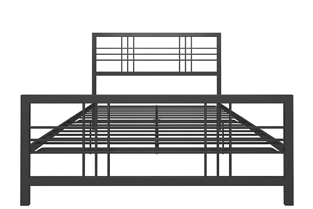 Simple, clean and stylish is the crisscross pattern design on this queen metal bed. Made with a sturdy metal frame that includes metal slats and side rails that guarantee support, stability and durability. With two base height options, you can decide if you want to use the underbed space to store clothing, accessories and books. You won’t even have to worry about an additional foundation or box spring. Mattress available, sold separately.Made of metal in black finish | 2 base height options for convenience: 7.5" and 12" clearance | Side rails and center metal rails that guarantee stability and durability | Ships in one box | Mattress available, sold separately | Bed does not require a foundation/box spring | Assembly required