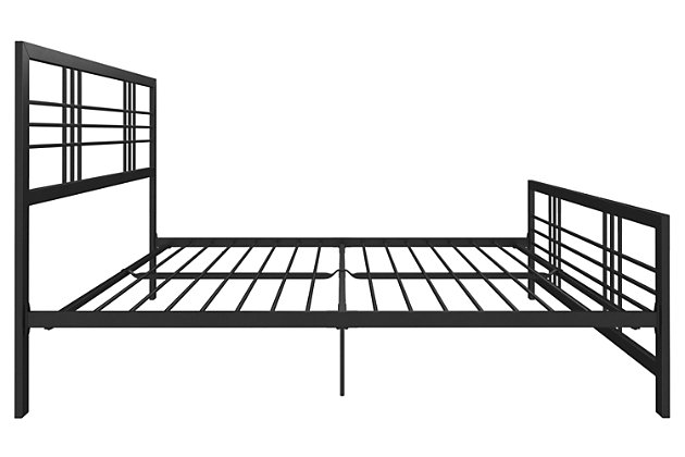 Simple, clean and stylish is the crisscross pattern design on this queen metal bed. Made with a sturdy metal frame that includes metal slats and side rails that guarantee support, stability and durability. With two base height options, you can decide if you want to use the underbed space to store clothing, accessories and books. You won’t even have to worry about an additional foundation or box spring. Mattress available, sold separately.Made of metal in black finish | 2 base height options for convenience: 7.5" and 12" clearance | Side rails and center metal rails that guarantee stability and durability | Ships in one box | Mattress available, sold separately | Bed does not require a foundation/box spring | Assembly required