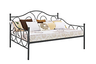 Whether you are looking for a bed for your child or a bed for overnight guests, the Victoria full size metal daybed is the perfect fit. With round finial posts, a brushed metal frame and traditional scrollwork, its character adds instant charm to your room. Sturdily constructed, metal slats and supporting legs add support and comfort. Additional foundation is not required. Mattress available, sold separately.Includes daybed frame and slats | Made of metal | Mattress available, sold separately | Included slats eliminate need for foundation/box spring | Assembly required