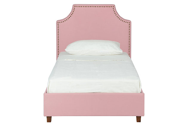 The Melita upholstered twin bed beautifully blends a sophisticated nailhead trim with a vibrant color. The bed's headboard design draws attention to itself and stands out in your child's room. Combination of slats, wooden legs, center metal rail and extra support legs keeps the mattress supported and high enough to not require a box spring. Mattress available, sold separately.Includes headboard, footboard, rails and slats | Linen upholstery; nailhead trim | 4 wooden legs plus an additional 4 metal legs; center metal rail for added support | Very good back support with excellent pressure distribution | Mattress available, sold separately | Included slats eliminate need for foundation/box spring | Slat bases allow air to pass freely beneath your bed, keeping your mattress fresher longer | Slats adapt to weight exerted to them, providing you with the right amount of support | Assembly required