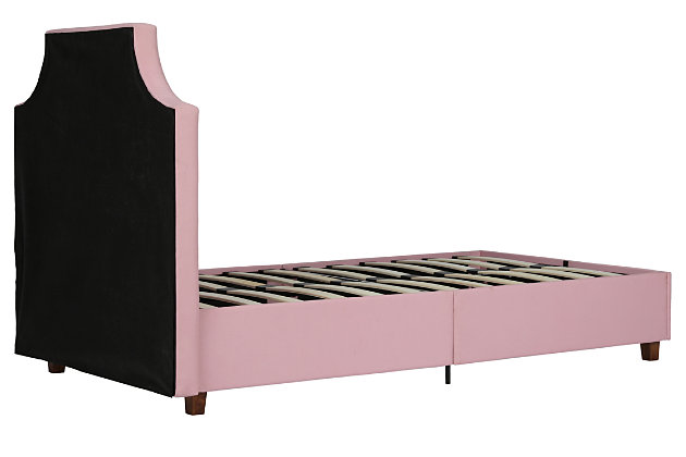 The Melita upholstered twin bed beautifully blends a sophisticated nailhead trim with a vibrant color. The bed's headboard design draws attention to itself and stands out in your child's room. Combination of slats, wooden legs, center metal rail and extra support legs keeps the mattress supported and high enough to not require a box spring. Mattress available, sold separately.Includes headboard, footboard, rails and slats | Linen upholstery; nailhead trim | 4 wooden legs plus an additional 4 metal legs; center metal rail for added support | Very good back support with excellent pressure distribution | Mattress available, sold separately | Included slats eliminate need for foundation/box spring | Slat bases allow air to pass freely beneath your bed, keeping your mattress fresher longer | Slats adapt to weight exerted to them, providing you with the right amount of support | Assembly required