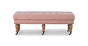 The sumptuously upholstered Clea bench has a timeless design that easily complements so many styles, from traditional to modern farmhouse. Upholstered in a washed pink linen fabric, the bench is accented with deep tufting, burnished bronze-tone nailheads and distressed gray finished legs. Perfect for the end of the bed, entryway, hallway or under a large window.Made with solid birch wood | Washed pink linen/viscose upholstery | Casters for easy mobility | Tufted seat | Burnished bronze-tone nailhead trim | Ca fire foam cushion | Exposed legs with distressed gray finish | Assembly required