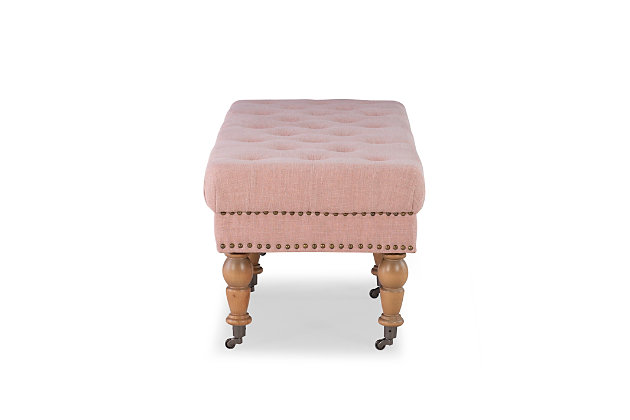 The sumptuously upholstered Clea bench has a timeless design that easily complements so many styles, from traditional to modern farmhouse. Upholstered in a washed pink linen fabric, the bench is accented with deep tufting, burnished bronze-tone nailheads and distressed gray finished legs. Perfect for the end of the bed, entryway, hallway or under a large window.Made with solid birch wood | Washed pink linen/viscose upholstery | Casters for easy mobility | Tufted seat | Burnished bronze-tone nailhead trim | Ca fire foam cushion | Exposed legs with distressed gray finish | Assembly required