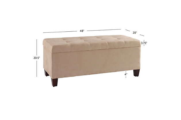 Say shoo to clutter with the Augusta shoe storage ottoman, which does double time as a comfortably upholstered bench. Perfect for a large closet, entryway, mudroom or at the foot of a bed. Richly neutral beige fabric and simply chic styling complement so many interiors. Lift the button-tufted top to reveal a storage compartment lined with side pockets to accommodate your shoe collection.Made with solid wood and engineered wood | Beige microfiber upholstery | Tufted seat | Flip-top with soft close safety hinges opens to storage compartment | Side storage pockets for multiple shoes | Ca fire foam cushion | Exposed feet with espresso finish | Assembly required | Small space solution