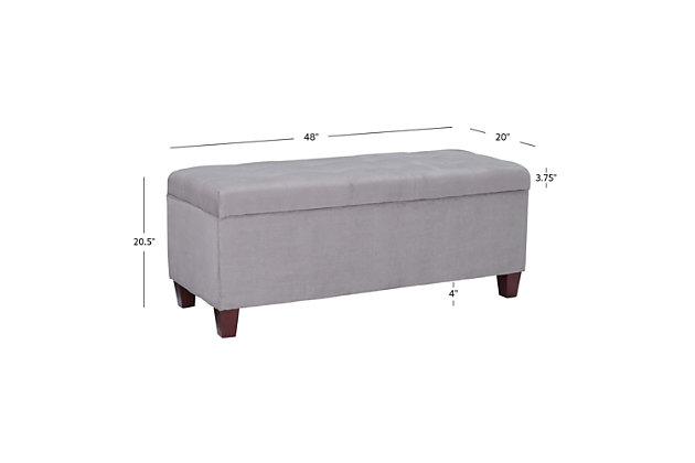 Say shoo to clutter with the Augusta shoe storage ottoman, which does double time as a comfortably upholstered bench. Perfect for a large closet, entryway, mudroom or at the foot of a bed. Richly neutral gray fabric and simply chic styling complement so many interiors. Lift the button-tufted top to reveal a storage compartment lined with side pockets to accommodate your shoe collection.Made with solid wood and engineered wood | Gray microfiber upholstery | Tufted seat | Flip-top with soft close safety hinges opens to storage compartment | Side storage pockets for multiple shoes | Ca fire foam cushion | Exposed feet with espresso finish | Assembly required | Small space solution