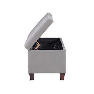 Say shoo to clutter with the Augusta shoe storage ottoman, which does double time as a comfortably upholstered bench. Perfect for a large closet, entryway, mudroom or at the foot of a bed. Richly neutral gray fabric and simply chic styling complement so many interiors. Lift the button-tufted top to reveal a storage compartment lined with side pockets to accommodate your shoe collection.Made with solid wood and engineered wood | Gray microfiber upholstery | Tufted seat | Flip-top with soft close safety hinges opens to storage compartment | Side storage pockets for multiple shoes | Ca fire foam cushion | Exposed feet with espresso finish | Assembly required | Small space solution