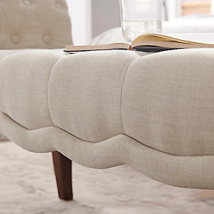 Sporting flared legs, roll arms, deep tufting and sweet scalloped details, the Erika upholstered roll bench charms with a sense of tradition and romance. What a pretty, practical choice for added seating in a hallway, entry or at the foot of the bed. Rest assured, this upholstered bench in light beige is crafted with durable hardwood for years of satisfaction.Made with solid wood | Light beige polyester upholstery | Tufted seat | Ca fire foam cushion | Exposed legs with dark walnut-tone finish | Assembly required
