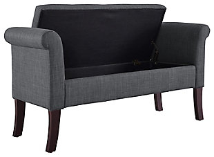 Bring form and function to an entryway, living room, hallway or bedroom with the Stacie storage bench in charcoal gray. Backless, roll arm styling is chic and sophisticated. Lift up the tufted seat to reveal ample interior storage space. Talk about comfort and convenience.Made with wood and engineered wood | Charcoal gray polyester upholstery | Tufted seat | Foam cushion | Flip-top reveals storage compartment | Exposed legs with dark espresso finish | Assembly required