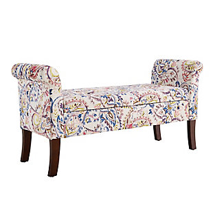 Bring form and function to an entryway, living room, hallway or bedroom with the Stacie storage bench in posh paisley. Backless, roll arm styling is chic and sophisticated. Lift up the tufted seat to reveal ample interior storage space. Talk about comfort and convenience.Made with wood and engineered wood | Paisley pattern polyester upholstery | Tufted seat | Foam cushion | Flip-top reveals storage compartment | Exposed legs with dark walnut-tone finish | Assembly required |  space solution