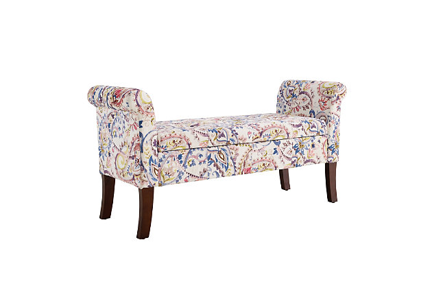 Bring form and function to an entryway, living room, hallway or bedroom with the Stacie storage bench in posh paisley. Backless, roll arm styling is chic and sophisticated. Lift up the tufted seat to reveal ample interior storage space. Talk about comfort and convenience.Made with wood and engineered wood | Paisley pattern polyester upholstery | Tufted seat | Foam cushion | Flip-top reveals storage compartment | Exposed legs with dark walnut-tone finish | Assembly required |  space solution