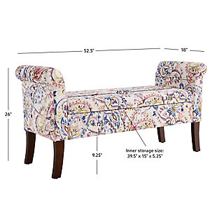 Bring form and function to an entryway, living room, hallway or bedroom with the Stacie storage bench in posh paisley. Backless, roll arm styling is chic and sophisticated. Lift up the tufted seat to reveal ample interior storage space. Talk about comfort and convenience.Made with wood and engineered wood | Paisley pattern polyester upholstery | Tufted seat | Foam cushion | Flip-top reveals storage compartment | Exposed legs with dark walnut-tone finish | Assembly required | Small space solution