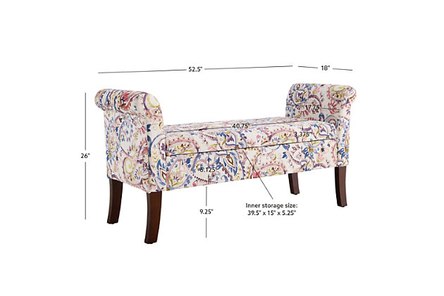 Bring form and function to an entryway, living room, hallway or bedroom with the Stacie storage bench in posh paisley. Backless, roll arm styling is chic and sophisticated. Lift up the tufted seat to reveal ample interior storage space. Talk about comfort and convenience.Made with wood and engineered wood | Paisley pattern polyester upholstery | Tufted seat | Foam cushion | Flip-top reveals storage compartment | Exposed legs with dark walnut-tone finish | Assembly required | Small space solution