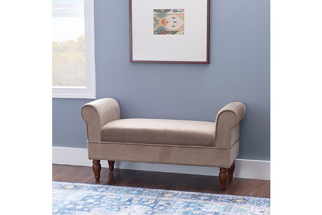 With its roll arms and backless styling, the Adair Bench brings an easy-elegant look that’s perfect for the entryway, living room or foot of the bed. Upholstered in a neutral coffee fabric with richly turned legs for traditional flair.Made with wood | Coffee polyester upholstery | Ca fire foam cushion | Exposed legs with dark mahogany finish | Assembly required