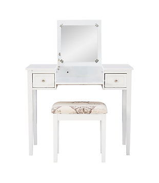 Create a beautiful space that's personal, stylish and full of function with the White Butterfly vanity set. Its flip top mirror with safety-stay hinge offers lots of versatility. Simply flip the mirror down when not in use and enjoy a handy flat surface. The two drawers are generously sized and the table top is spacious—perfect for storing an array of cosmetics, jewelry and beauty supplies. A flip down front panel opens for easy access to your possessions. A thickly padded upholstered stool is included. Ideal for teens and adults, set up in a bedroom or dressing area.Made of wood, rubberwood, engineered wood, foam and fabric | White finish | Flip top mirror with safety-stay hinge | 2 smooth-gliding drawers | Flip down front panel revealing hidden storage compartment | Includes plush padded stool | Assembly required