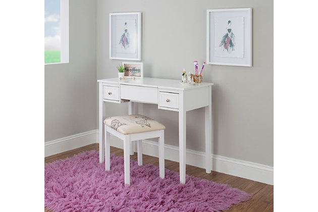 Create a beautiful space that's personal, stylish and full of function with the White Butterfly vanity set. Its flip top mirror with safety-stay hinge offers lots of versatility. Simply flip the mirror down when not in use and enjoy a handy flat surface. The two drawers are generously sized and the table top is spacious—perfect for storing an array of cosmetics, jewelry and beauty supplies. A flip down front panel opens for easy access to your possessions. A thickly padded upholstered stool is included. Ideal for teens and adults, set up in a bedroom or dressing area.Made of wood, rubberwood, engineered wood, foam and fabric | White finish | Flip top mirror with safety-stay hinge | 2 smooth-gliding drawers | Flip down front panel revealing hidden storage compartment | Includes plush padded stool | Assembly required